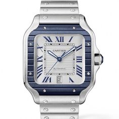 Pre-Owned Cartier Santos Large Grey Dial Blue Bezel Watch WSSA0047 39.8mm Timeless Blue Diamond Watch With Chronometer, Designer Cartier Watch, Timeless Blue Diamond Watch With Subdials, Modern Cartier Watch With Metal Dial, Cartier Watch With Subdials And Rectangular Dial, Cartier Chronograph Watches With Rectangular Dial, Designer Automatic Cartier Watch, Designer Cartier Automatic Watch, Blue Classic Cartier Watch