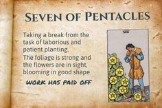 the seven of pentacles is shown in an old book