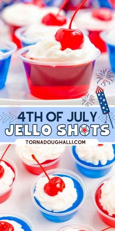 red, white and blue jello shots with cherries on top