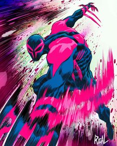 a man in pink and blue is flying through the air with paint splatters