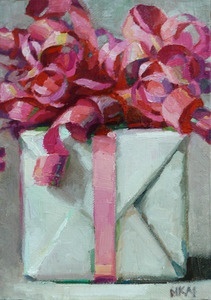 a painting of some pink flowers in a white vase with ribbon on the top and bottom