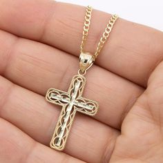 "Diamond Cut Cross Pendant & Chain Necklace Set Real 10K Yellow Gold * Metal : Real 10K Gold (Properly Stamped, 10K) * Condition : Brand New * Finish : Polished * Average Weight#1: 2.84 grams (16\") #2: 1.84 grams (16\") #1: 2.98 grams (18\") #2: 1.98 grams (18\") #1: 3.12 grams (20\")  #2: 2.12 grams (20\") #1: 3.26 grams (22\") #2: 2.26 grams (22\") #1: 3.40 grams (24\") #2: 2.40 grams (24\") * Length : Selectable * Width#1: 36mm x 20mm = Just over 1 3/8\" x 3/4\" #2: 25mm x 13mm = 1\" x Just 14k Gold Cross Figaro Chain Jewelry, Yellow Gold Cross Jewelry With Figaro Chain, Yellow Gold Cross Chain Jewelry, Yellow Gold Cross Chain Necklace, Yellow Gold Cross Jewelry With Curb Chain, Yellow Gold Cross Necklace With Curb Chain, Average Weight, 10k Gold, Diamond Cut