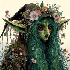 a painting of a woman with green hair and flowers on her head, surrounded by butterflies