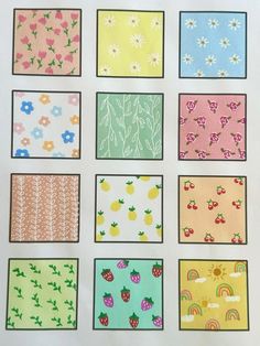 nine squares with different designs on them, all in different colors and patterns are shown