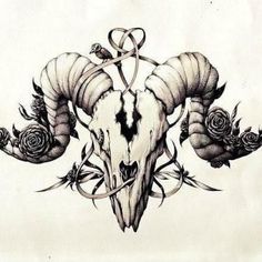 a drawing of a ram skull with roses on it's head and two horns