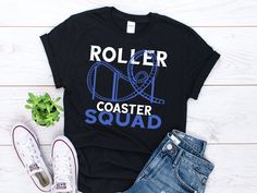 Roller Coaster Squad Shirt, Roller Coaster Gift, Roller Coaster Lover, Amusement Park Shirt, Theme Park, Adventure Tee, Roller Coaster Shirt  All our shirts are custom made and we are excited to print the shirt for you! This tee feels soft and lightweight, with the right amount of stretch. It's comfortable and flattering for both men and women. * 100% ring-spun cotton * Sport Grey is 90% ring-spun cotton, 10% polyester * Dark Heather is 65% polyester, 35% cotton * 4.5 oz/y² (153 g/m²) * Pre-shru Six Flags, Squad Shirt, Amusement Park, Roller Coaster, Size Charts, Shirt Price, Theme Park, Birthday Shirts, Favorite Outfit