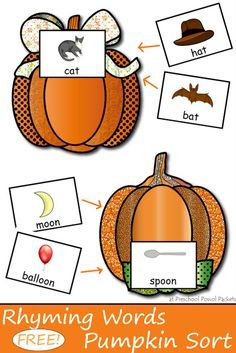 an orange pumpkin cutout with words and pictures to match it's name in