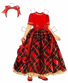 a paper doll wearing a red and black plaid dress with bows on her head, standing in front of a white background