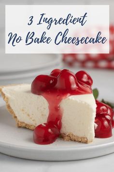 there is a piece of cheesecake with cherries on the top and text overlay