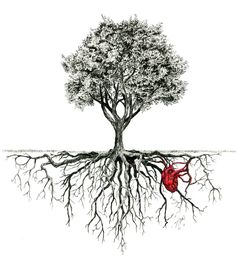 a drawing of a tree with roots and a heart