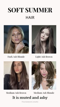 Hair Colour For True Summer, Brown For Soft Summer, Summer Color Palette Hair Colour, Summer Color Analysis Hair, Hair Colour Soft Summer, Hair Colour For Summer Skin Tone