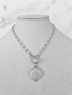 Silver Pearl Coin Necklace Coin Necklace Silver, Silver Coin Jewelry, Chain Necklace Silver, Silver Coin Necklace, Brass Components, Pearl Rosary, Pearl Chain Necklace, Rosary Necklace, Jewelry Pearl