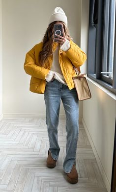 Mustard Winter Outfit, Mustard Puffer Jacket Outfit, Yellow Winter Jacket, Yellow Parka Outfit, Mustard Yellow Jacket Outfit, Mustard Coat Outfit, December Clothes, Yellow Coat Outfit