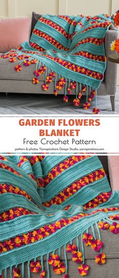 a couch with a crocheted blanket on it and the text, garden flowers blanket free crochet pattern