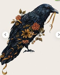 a drawing of a black bird with flowers in its beak