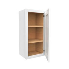 a white cabinet with two shelves and one door open to show the inside of it