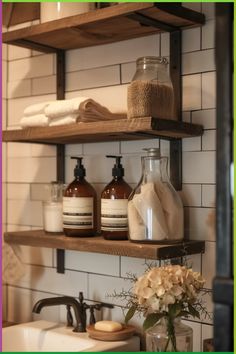 bathroom shelves with soap, lotion and other items on them next to a sink