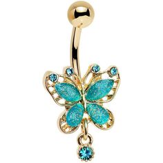 a gold plated belly ring with blue crystals and a butterfly on the end,