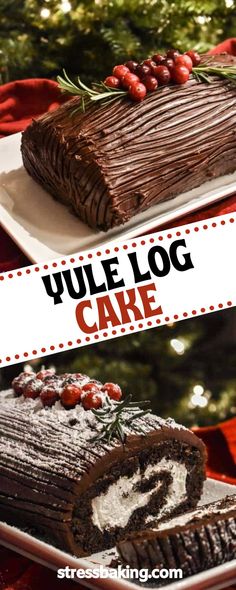 two pictures with the words yule log cake on them