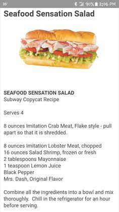 the seafood sensation salad recipe is shown in this screenshote screen shot from an iphone