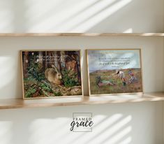 two framed pictures on wooden shelves in a room