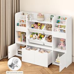 a white book shelf filled with lots of toys