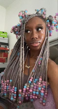 Braids With Beads Colorful, Colorful Hairstyles For Black Women, Hair Styles Braids Color, Pink Braided Hairstyles, Beaded Braids Hairstyles, Pastel Braids, Jade Braids, Colorful Braids