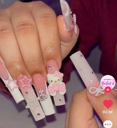 Acrylics Hello Kitty, Hello Kitty Nails With 3d Flower, Unique Acrylic Nails Hello Kitty, Long Pink Hello Kitty Nails, Big Hello Kitty Charm Nails, Sanrio Nails, Hello Kitty Nail, Hello Kitty Nails Art, Kitty Nail