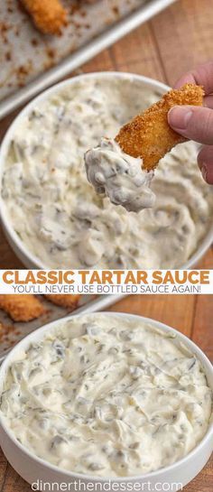 a hand holding a piece of bread over a bowl of tartar sauce with the recipe in it