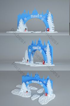 three images of an arch with snow and trees on the sides, one is blue and white