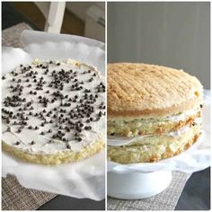 two pictures one has a cake and the other has chocolate chips on top of it