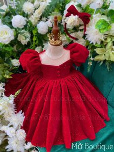 Luxury Elegant Fluffy Toddler Red Velvet Dress with Lovely Bows Baby Toddler Special Occasion Dress | Gift for Baby | Vacation Outfit ONLY A FEW IN STOCK - EXPRESS SHIPMENT AVAILABLE 🎁Free Gift: Each order includes a matching accessory in the same color. Wrap your little one in the magic of the season with our enchanting red velvet dress, designed to make every moment sparkle. Crafted with care, it features a classic round neck, puff sleeves, and three buttons at the top for a charming touch. T Red Fitted Princess Dress For Baptism, Fitted Red Princess Dress For Baptism, Baby Winter Dress, Kids Christmas Dress, Red Christmas Dress, Velvet Christmas, Knit Baby Dress, Baby Red