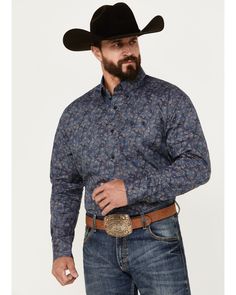 Long sleeve. Button-down placket, pockets and cuffs. Single chest patch pocket with button closure. Button-down collar. George Strait, Western Shirt, Mens Big And Tall, Button Down Collar, Western Shirts, Boots For Sale, Big And Tall, Paisley Print, Shirt Jacket