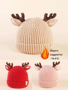 three different styles of knitted hats with antlers on the top and one in red