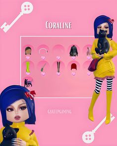 two dolls are standing next to each other in front of a pink background with the words coraline on it