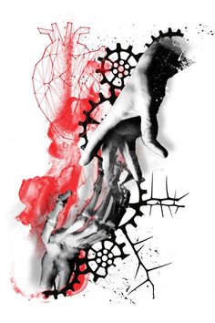 two hands reaching for each other with red paint splattered on them and black and white