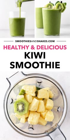 kiwi smoothie in a blender with text overlay