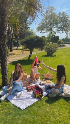 three women sitting on a blanket in the grass with food and drinks being served to them