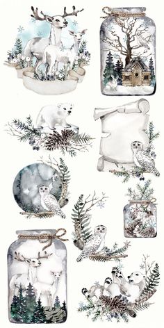 watercolor painting of polar bears and trees in mason jars with snowflakes on them