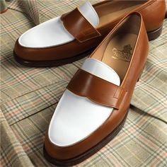 The Crewe Loafer in Tan and White Calfskin Slip Ons Shoes, Spectator Shoes, Loafer Shoes For Men, Loafers Dress, White Loafers, Moccasin Shoes, Crockett And Jones, Fashion Shoes Sandals, Fantastic Shoes