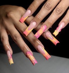 Pink And Yellow Square Nails, Bright Pink Nails Square, Long Hot Pink Acrylic Nails Art Designs, Bright Pink Acrylic Nails, Hot Pink Long Square Acrylic Nails, Long Neon Pink Acrylic Nails, Long Nail Designs