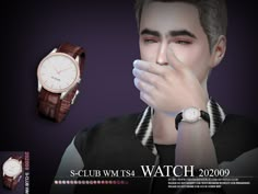 a man holding his hand to his face next to a watch with the word sculb wrist on it