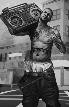 a man carrying a boombox on his back in front of a cityscape