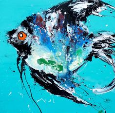 a painting of a fish with an orange eye and black body, swimming in blue water