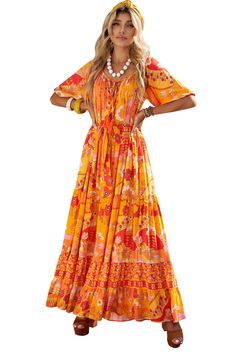 Orange Boho Empire Waist Floral Long Dress Fitted Multicolor Boho Dress With Short Sleeves, Orange Boho Print Short Sleeve Dress, Bohemian Short Sleeve Dress With Vibrant Print, Yellow Boho Print Festival Dress, Yellow Floral Print Maxi Dress For Festival, Orange Bohemian Maxi Dress With Short Sleeves, Yellow Short Sleeve Festival Dresses, Yellow Bohemian Short Sleeve Maxi Dress, Yellow Bohemian Maxi Dress With Short Sleeves