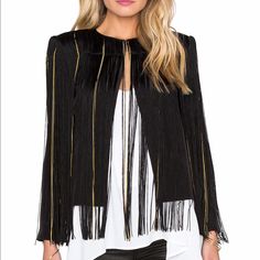 Brand New. Size 4. $695 Elegant Black Fringe Outerwear, Chic Gold Outerwear For Party, Elegant Long Sleeve Outerwear With Fringe, Chic Black Outerwear With Fringe, Chic Fringed Outerwear For Night Out, Elegant Fitted Fringe Outerwear, Black Fringe Outerwear For Party, Black Fringe Party Outerwear, Knee High Stiletto Boots