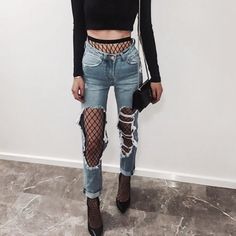 Fishnets Ladies. Wear under your ripped up jeans & barely over the waist line if letting mid-drift show & U'll have those sexy stocking on hand 4 ur nite out Fashion Grunge, Pastel Outfit, 90's Fashion, Fishnet Stockings, 인물 사진, Outfit Goals, Looks Style, Grunge Fashion