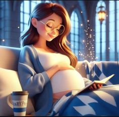 a pregnant woman sitting on top of a couch next to a coffee cup and book