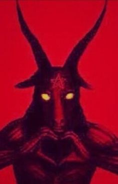 an evil demon with glowing eyes and long horns on his head, standing in front of a red background