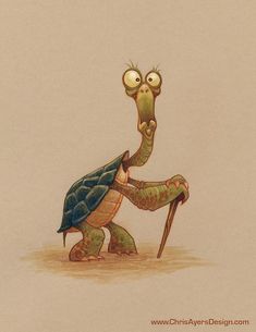 a drawing of a tortoise holding a stick and staring at the viewer with eyes wide open